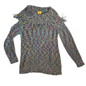 Medium Knit Sweater w/ Fringe Collar Multicolor Ruby Rd. Acrylic & Nylon